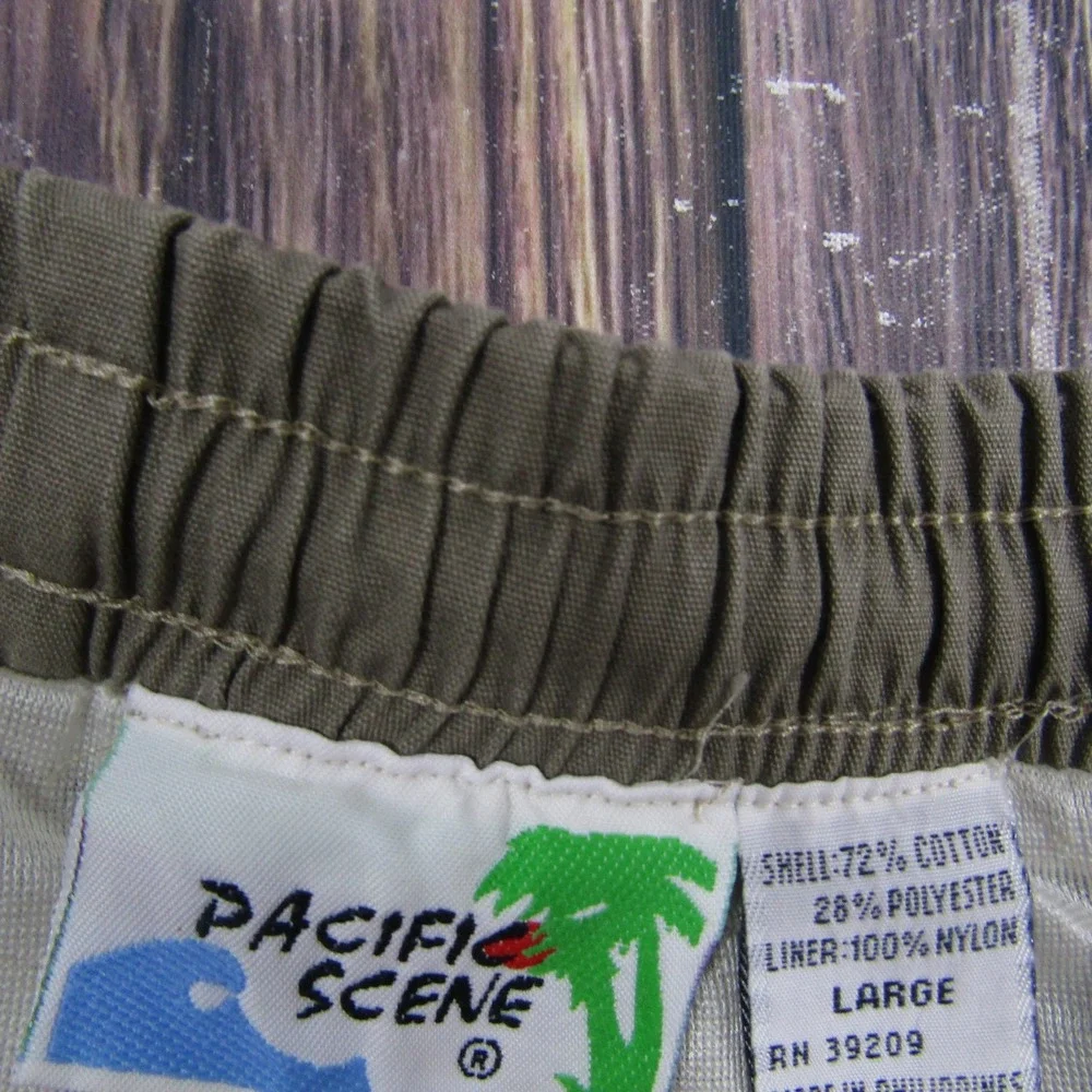 Pacific Scene Mens Large Green Lined Chino Shorts Drawstring Beach Walk‎ Summer